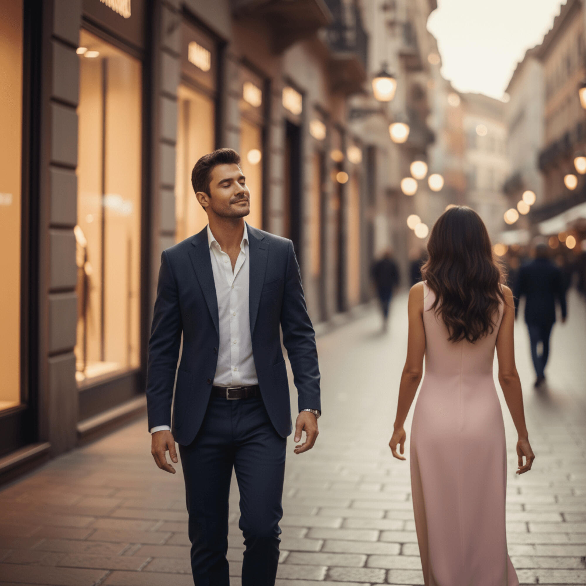 A stylish dark-haired Italian man walking through a luxury shopping street stops with his eyes closed, smiling as he catches the warm vanilla scent trail of a woman who just passed him, expressing the addictive, feel-good aroma of Vanilla Infini.